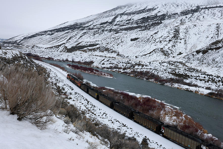 Winter train through Yakima Canyon Photograph by Jeff Swan