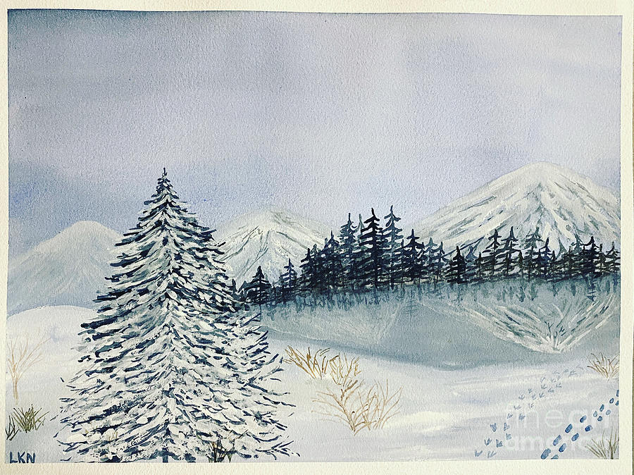 Winter Tree and Mountains Painting by Lisa Neuman