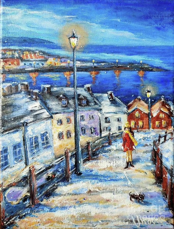 Winter Twilight Walk Girl Evening Cityscape Walk With Dog Painting By