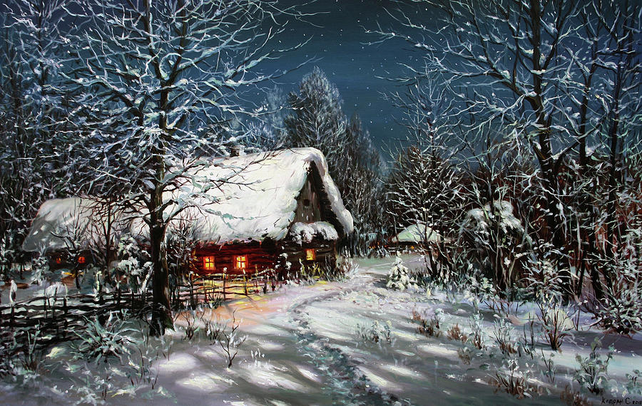 Winter Painting - Winter Village in the Moonlight by Serhiy Kapran