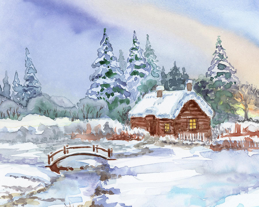 Winter Village River Bridge Snow And Pine Trees Watercolor  Painting by Irina Sztukowski