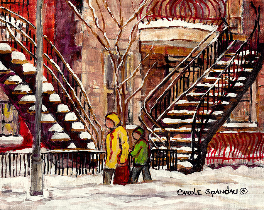 Winter Walk Near Winding Staircases Montreal Snowy Scene Plateau To Verdun C Spandau Canadian Artist Painting by Carole Spandau