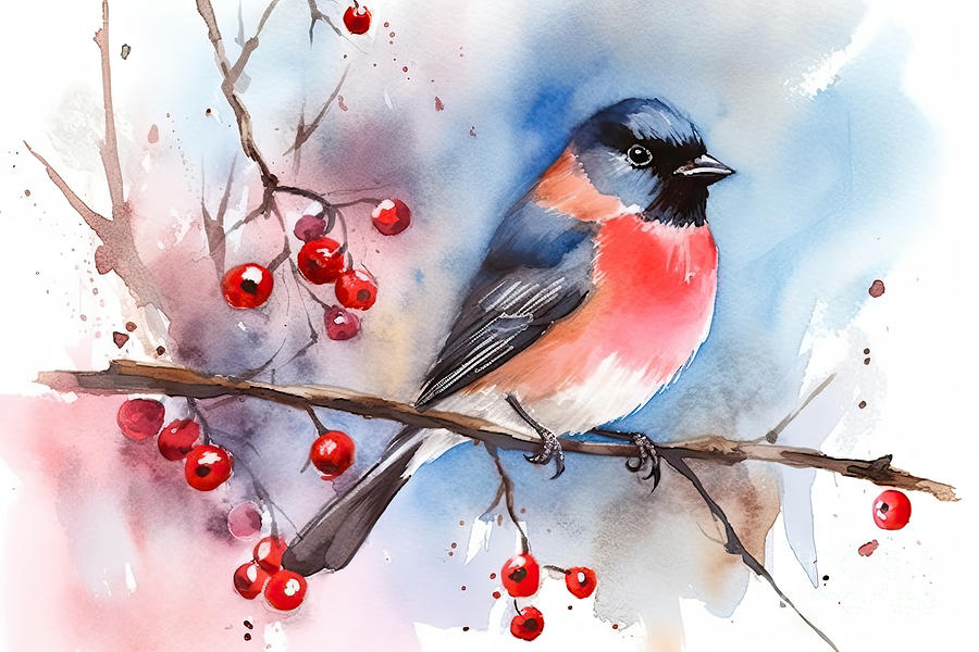 Christmas Painting - Winter Watercolor background with bullfinches by N Akkash