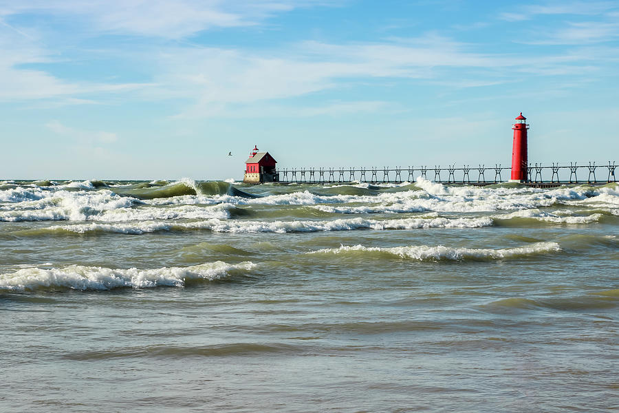 Winter Waves 4, Grand Haven Lighthouse Photograph by Dawn Richards
