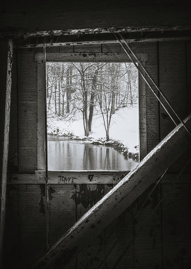 Winter Window on to Little Lehigh Creek - Black and White Photograph by Jason Fink
