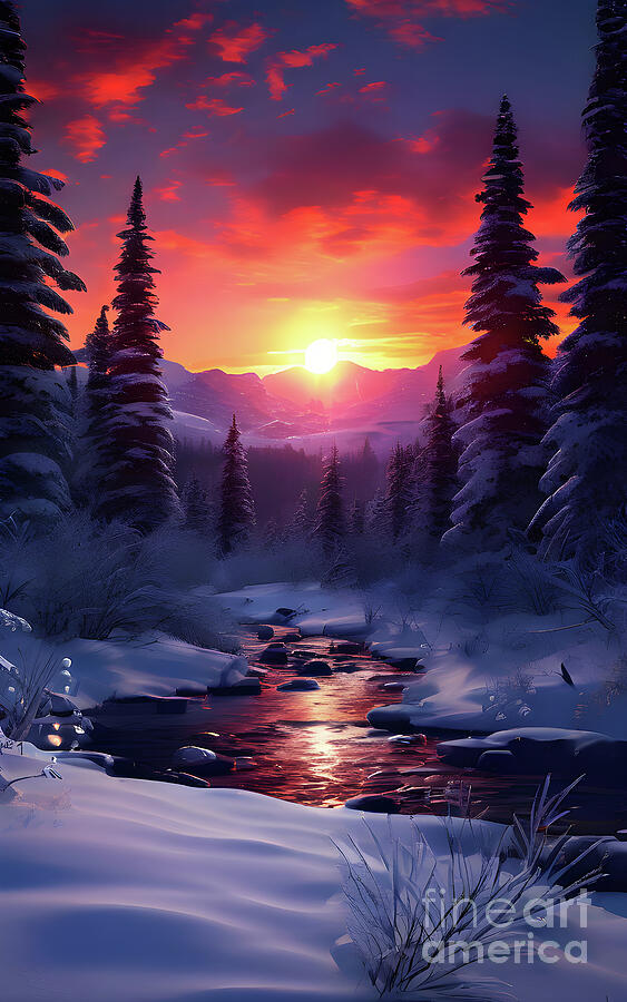 Winter Digital Art - Winter woods by the river by Sen Tinel