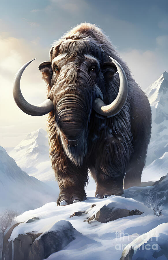 Prehistoric Digital Art - Winter wooly mammoth roaming the snowy summit by Sen Tinel