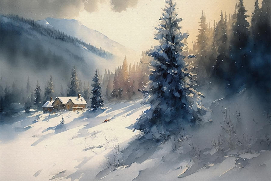 Winters Bliss - A Watercolor Mountain Scene Painting by Kai Saarto
