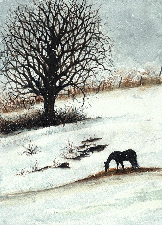Winter Painting - Winters Day Horse Pasture V by Janine Riley