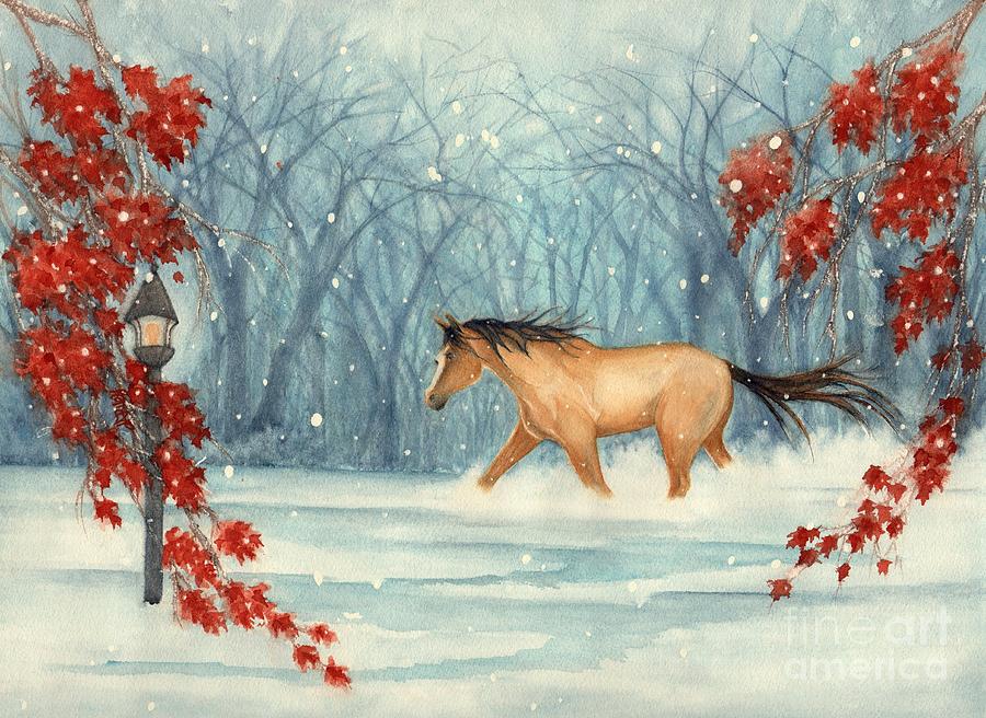 Winters eve Buckskin Horse Painting by Janine Riley