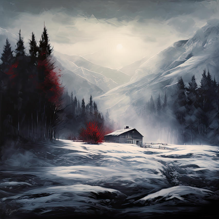 Winters Kiss - Red and Gray Landscapes Digital Art by Lourry Legarde