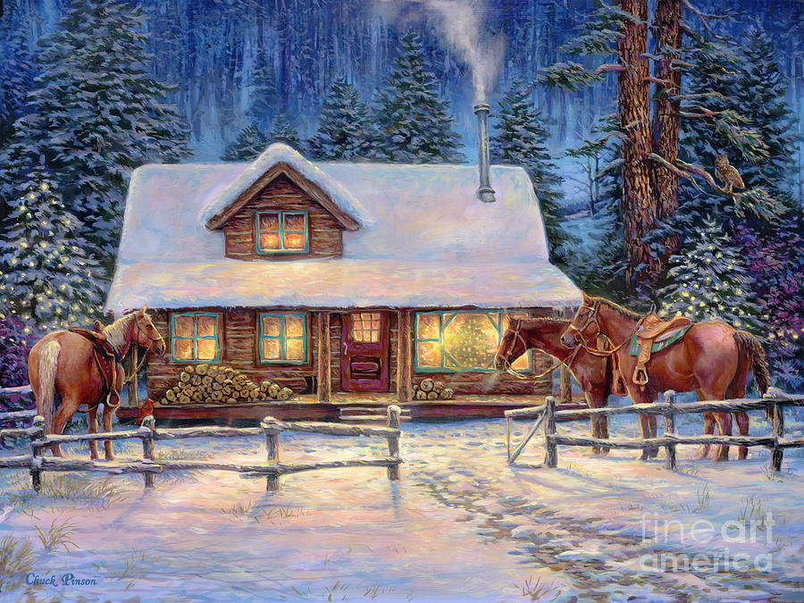 Snow Cabin Painting - Winters Oasis by Chuck Pinson