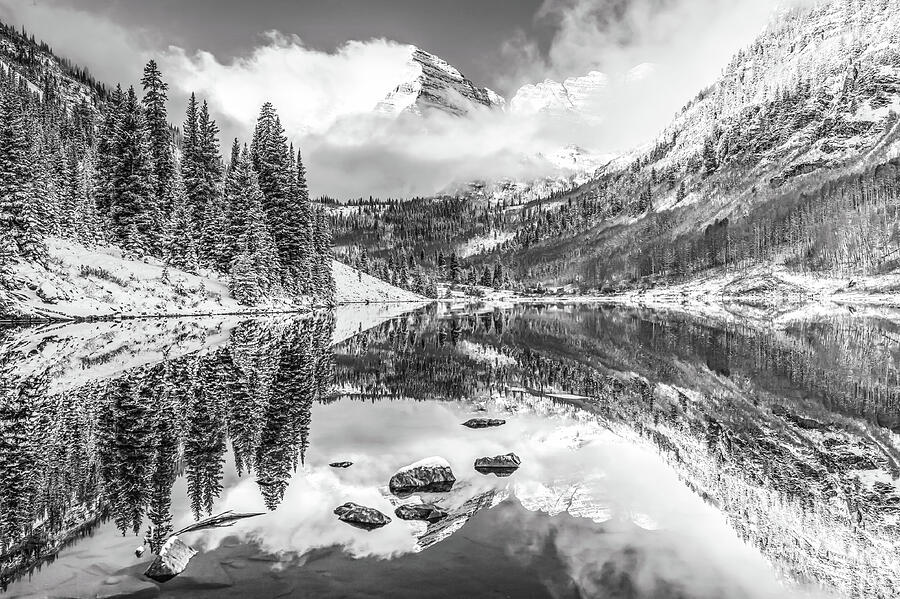 Winters Whisper At Maroon Bells - Black And White Photograph by Gregory Ballos