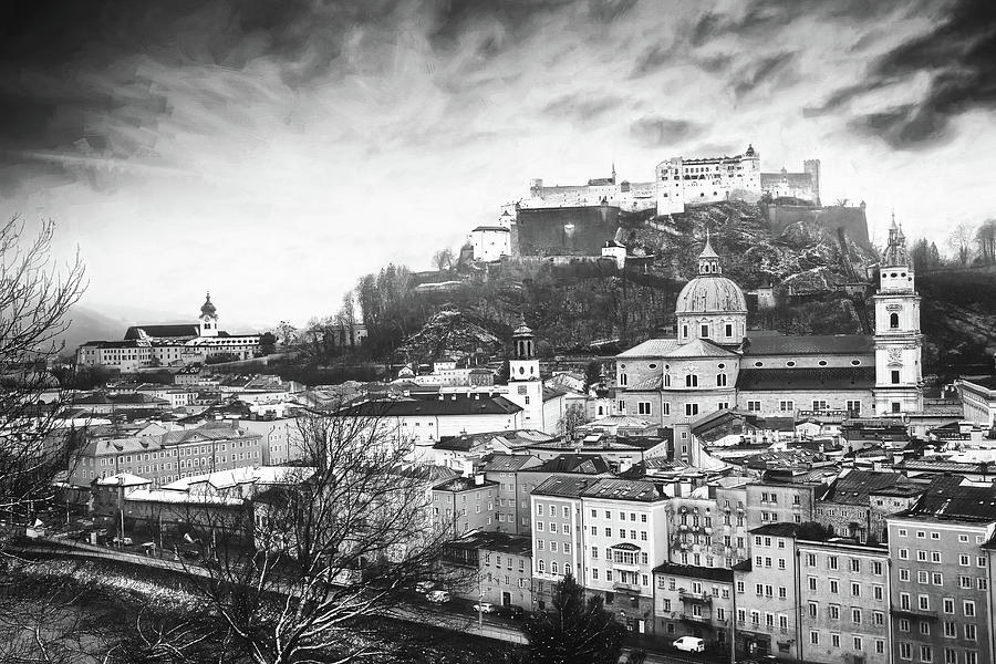 Wintry City Scenes Salzburg Austria Black and White  Photograph by Carol Japp