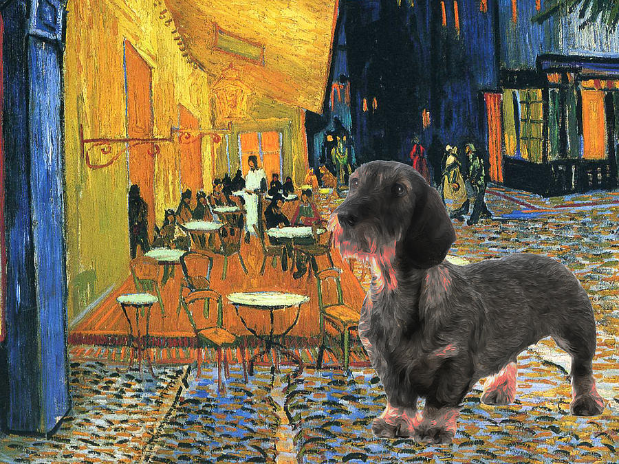 Wire-haired Dachshund Art Cafe terrace at night Van Gogh Dachshund Print Painting by Sandra Sij