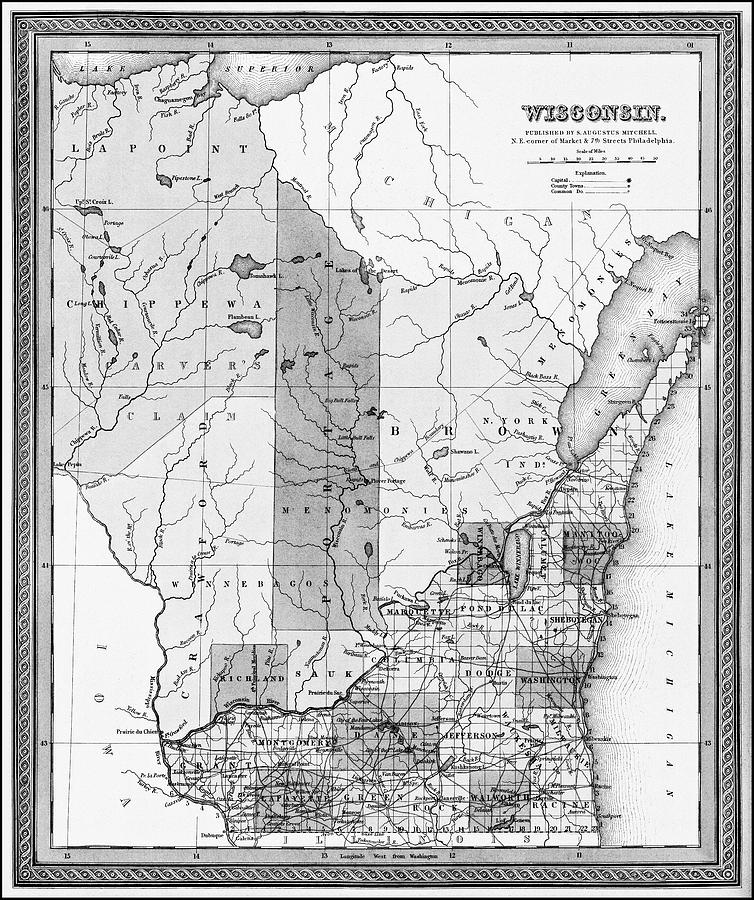 Vintage Photograph - Wisconsin Historical Map 1849 Black and White  by Carol Japp