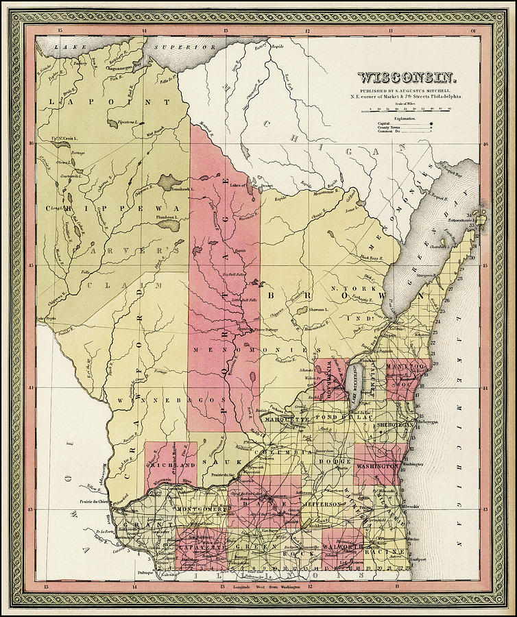 Vintage Photograph - Wisconsin Historical Map 1849 by Carol Japp
