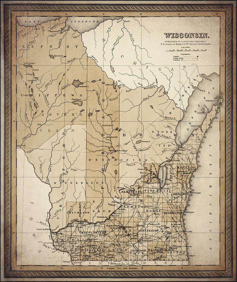 Vintage Photograph - Wisconsin Historical Map 1849 Sepia  by Carol Japp