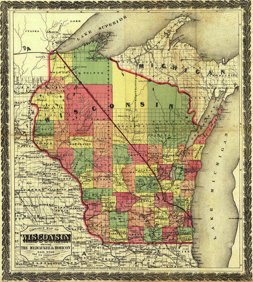 Transportation Drawing - Wisconsin showing The Milwaukee and Horicon Rail Road 1857 by Vintage Railroad Maps