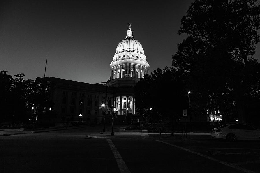 Wisconsin state capitol building at night in black and white Photograph by Eldon McGraw