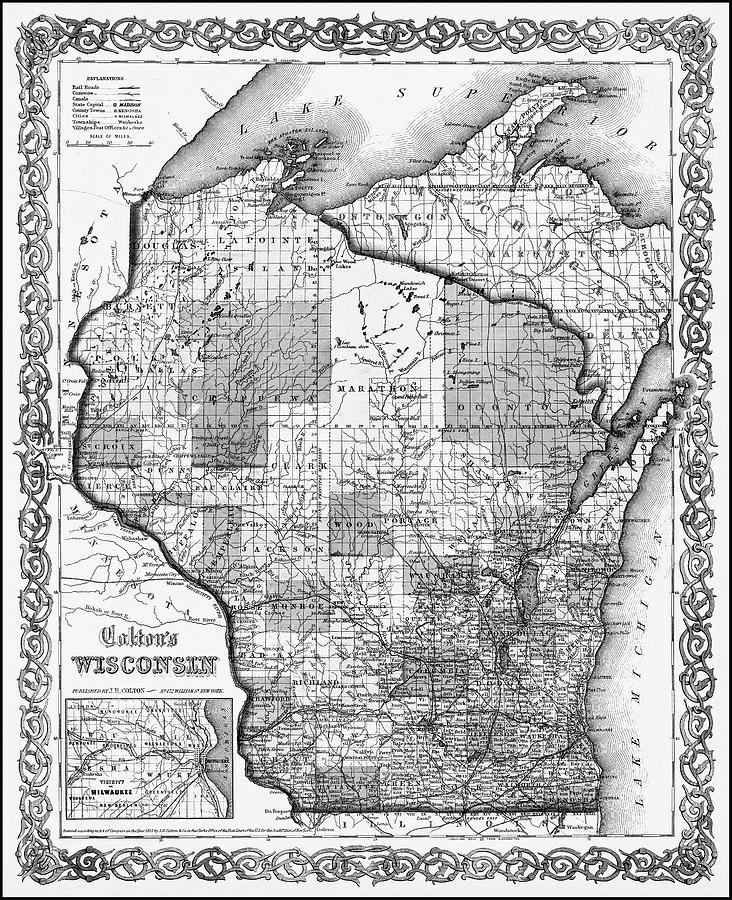Vintage Photograph - Wisconsin Vintage Map 1865 Black and White  by Carol Japp