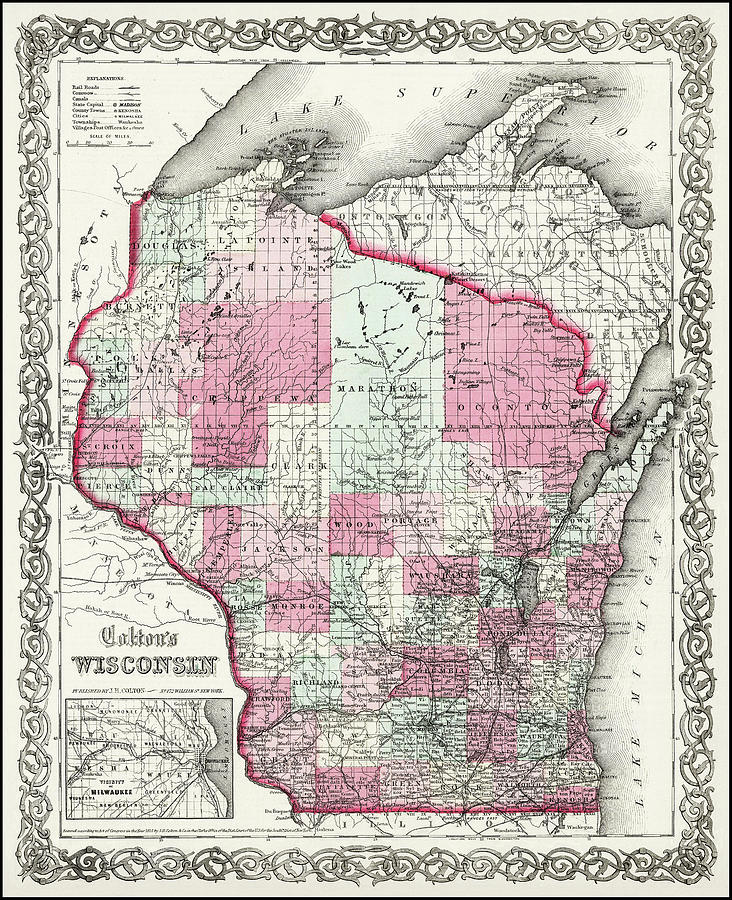 Vintage Photograph - Wisconsin Vintage Map 1865 by Carol Japp
