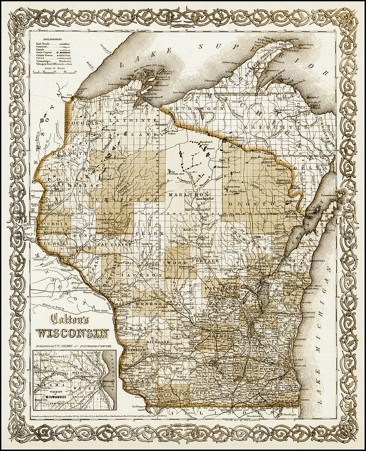 Vintage Photograph - Wisconsin Vintage Map 1865 Sepia  by Carol Japp