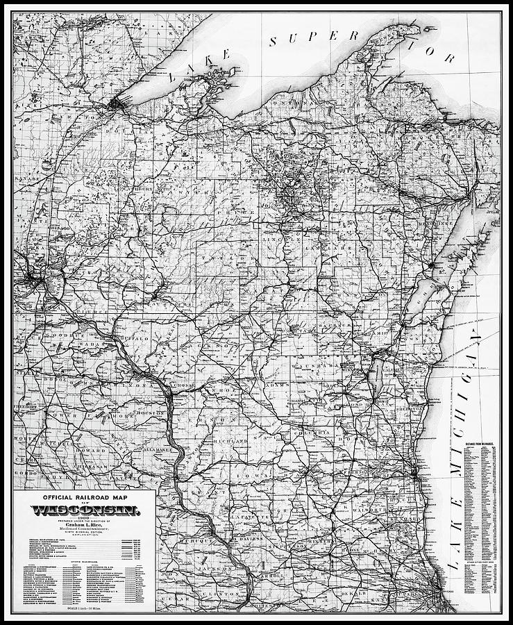 Wisconsin Map Photograph - Wisconsin Vintage Railroad Map 1900 Black and White  by Carol Japp