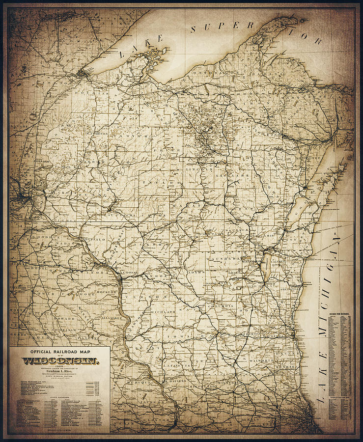 Wisconsin Map Photograph - Wisconsin Vintage Railroad Map 1900 Sepia  by Carol Japp