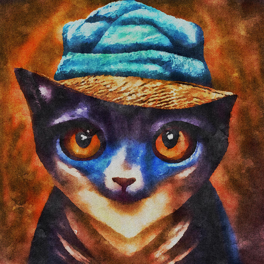 Wise Cat in a Blue Hat Mixed Media by Ann Leech