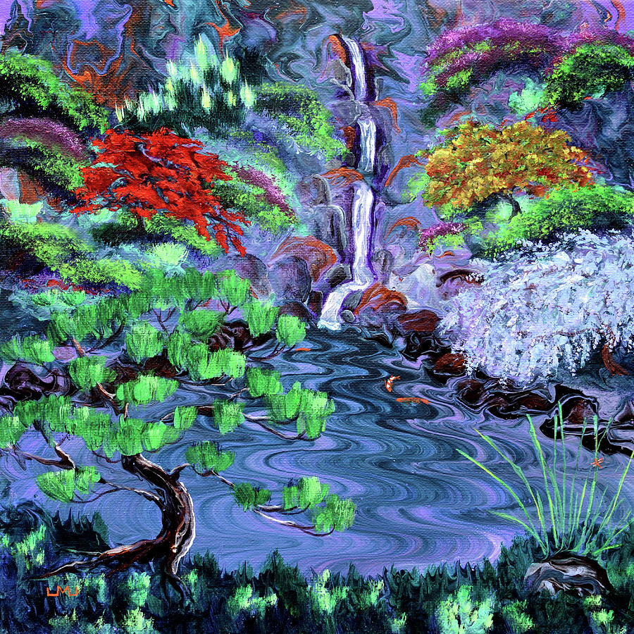 Koi Painting - Wisteria by a Triple Waterfall by Laura Iverson