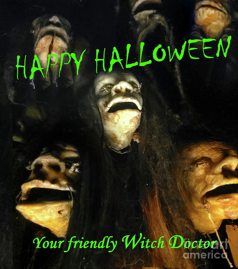 Witch doctors shrunken heads Halloween card Mixed Media by David Lee Thompson