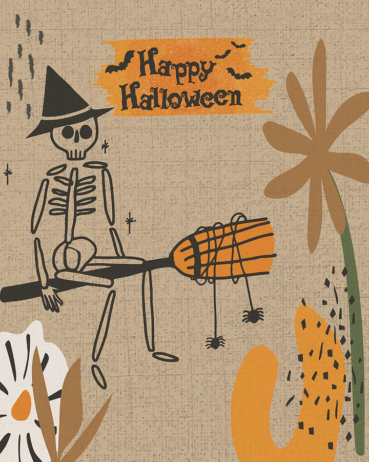 Witch Doodle Hand Drawn Halloween Skeleton, Aesthetic Flower Background ...