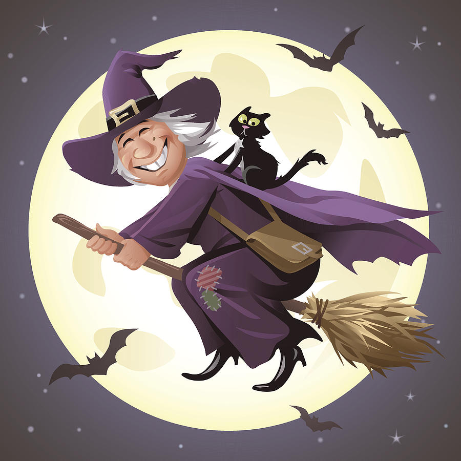 Witch Flying On A Broom In Front Of Full Moon Drawing by Kbeis