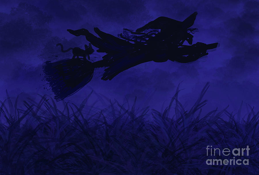 Witch Flying On Broom At Night Digital Art
