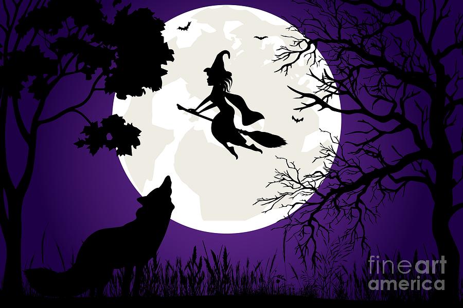 Witch Flying Over Halloween Landscape Digital Art by Amusing DesignCo