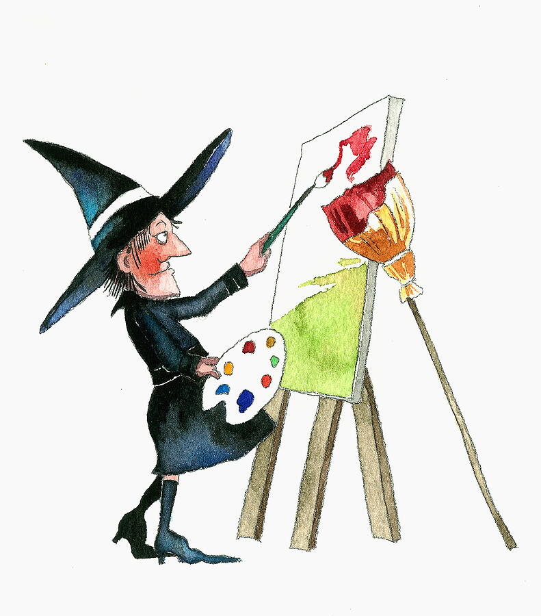 Witch painting canvas on easel Drawing by Fotosearch