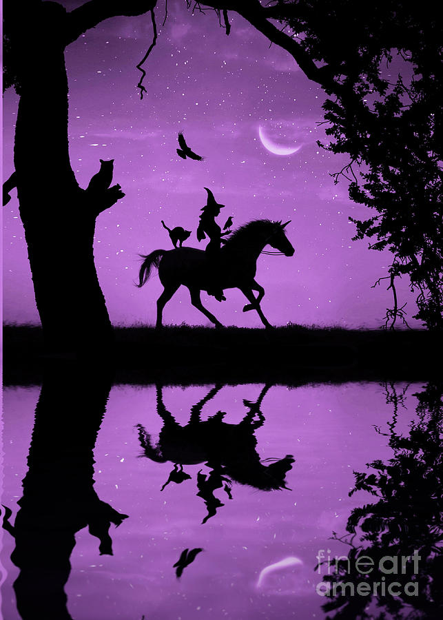 Witch Ravens Unicorn Oak Cat and Crescent Moon Fantasy Fun Halloween Photograph by Stephanie Laird