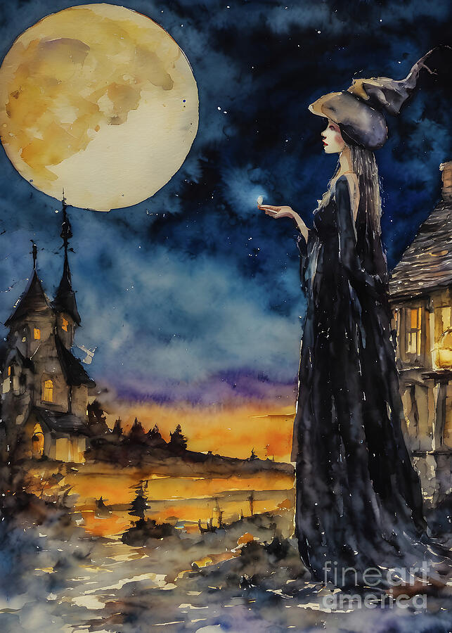 Sunset Painting - Witch Wishing Spell at Full Moon by  Lyra-Witch by Lyra OBrien