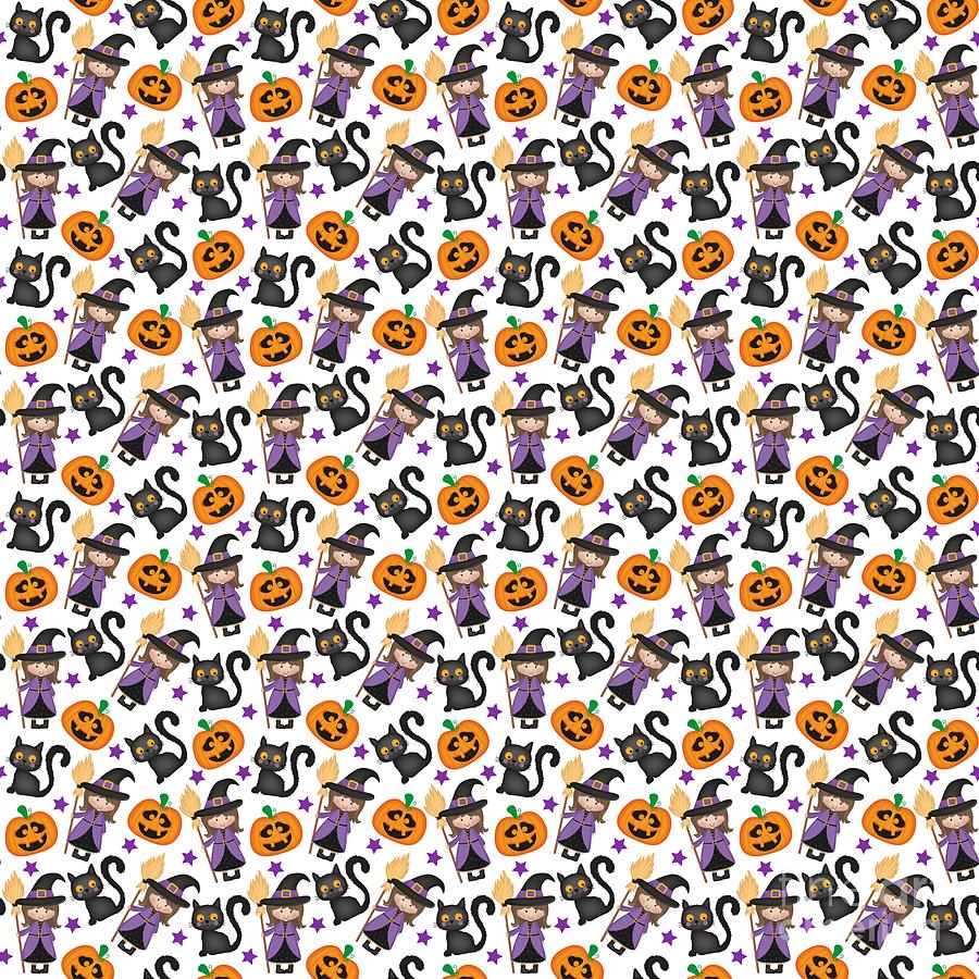 Witches and Cats Halloween Pattern, Pumkin Digital Art by Amusing DesignCo