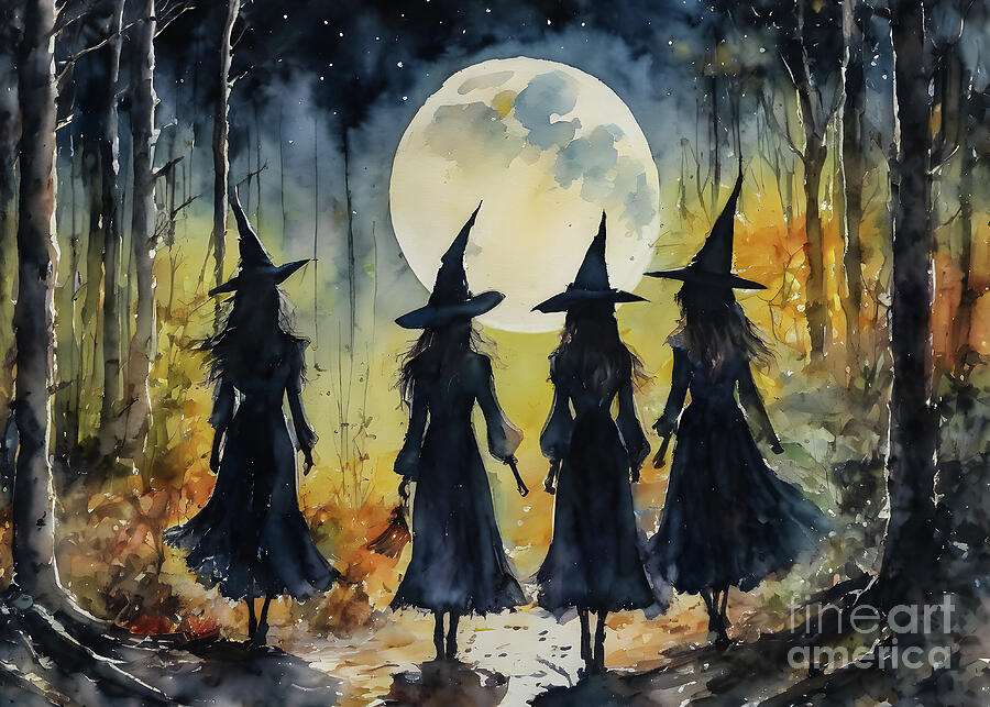 Fall Painting - Witches Meet by Lyra OBrien