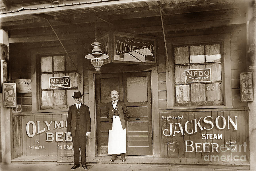 Tacoma Photograph - With bartender in front of doorJacksons Steam Beer  Olympia its the water 1915 by Monterey County Historical Society