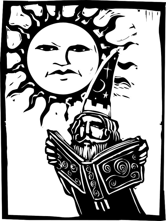 Wizard beneath a sun face Drawing by Jeffrey Thompson