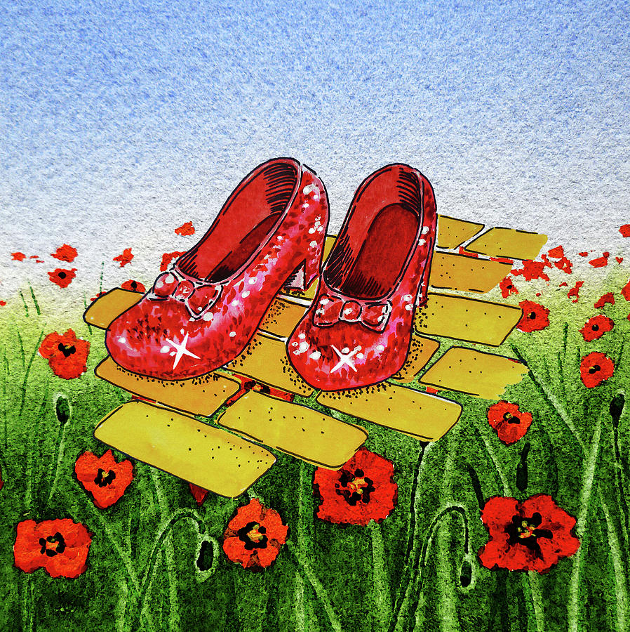 Wizard Of Oz Red Shoes Yellow Brick Road Ruby Slippers Poppy Field  Painting by Irina Sztukowski