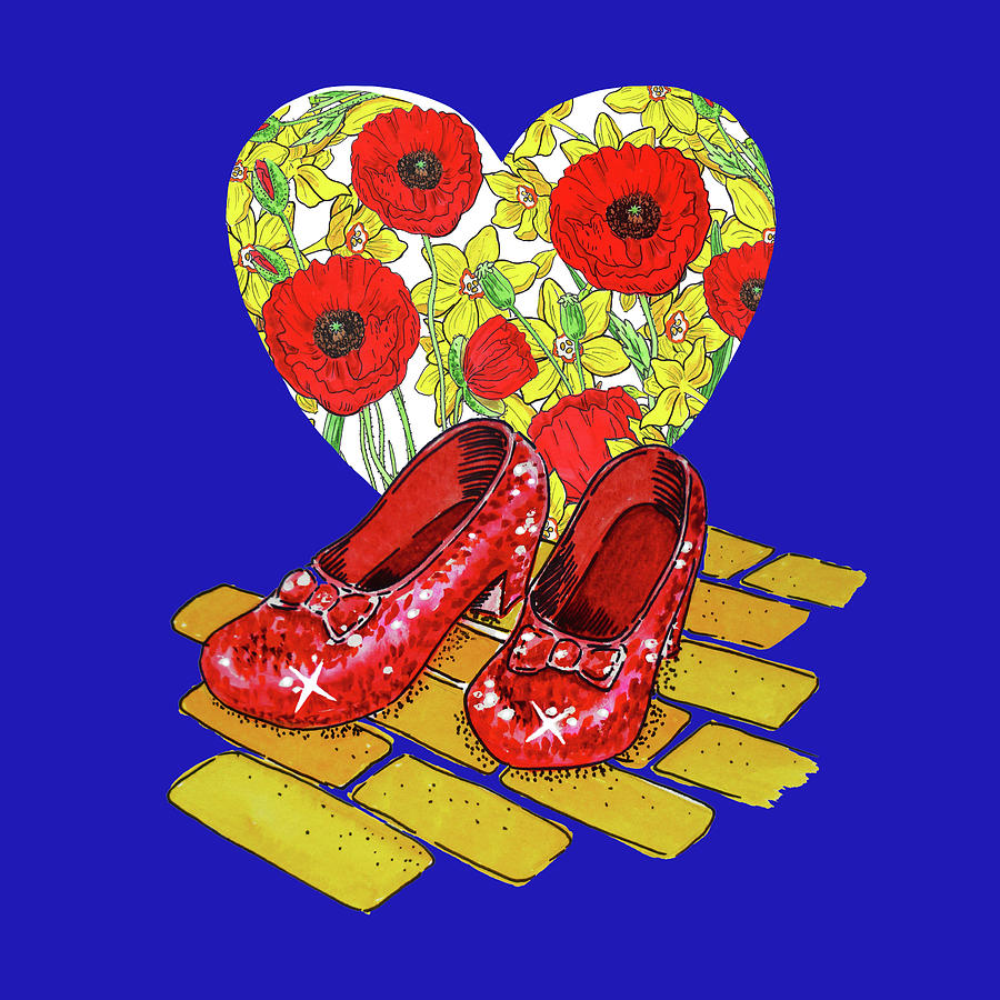 Wizard Of Oz Ruby Slippers Heart Of Red Poppies Yellow Brick Road On Blue Painting by Irina Sztukowski