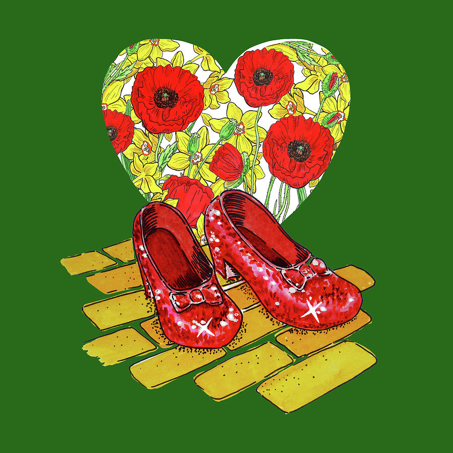 Wizard Of Oz Ruby Slippers Heart Of Red Poppies Yellow Brick Road On Green Painting by Irina Sztukowski