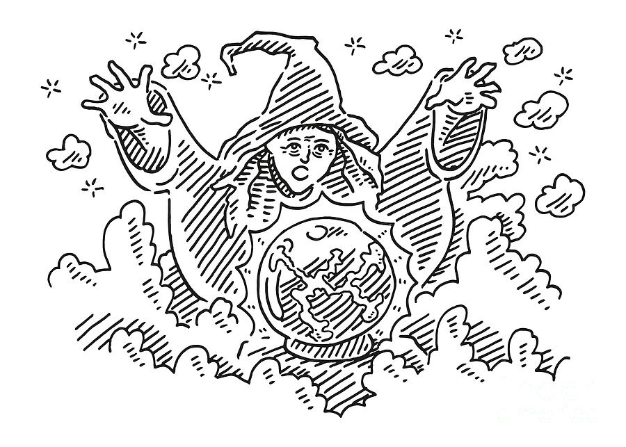 wizard holding crystal ball drawing