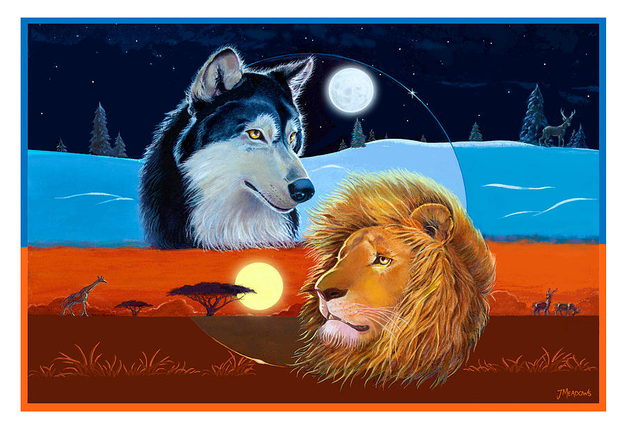 Wolf and Lion - Celestial Kings Mixed Media by J L Meadows