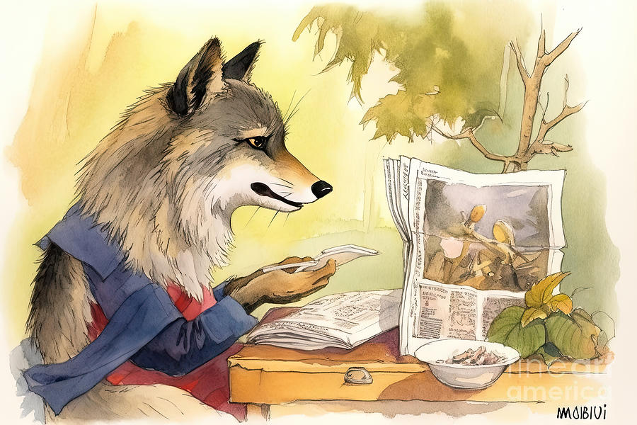 Nature Painting - Wolf character looking at bird, while having breakfast and readi by N Akkash