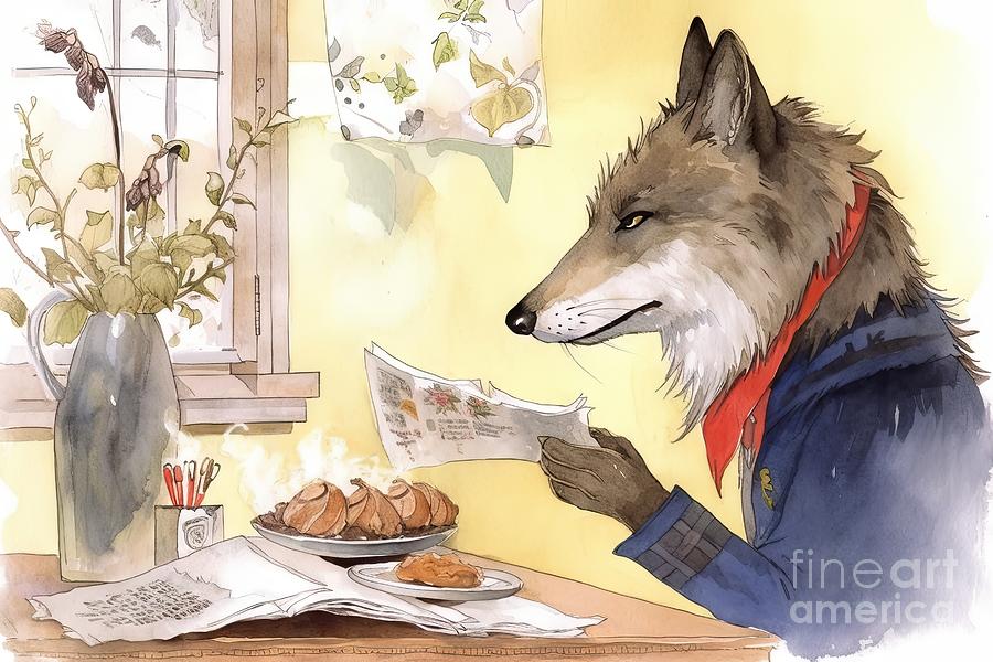 Nature Painting - Wolf character looking at bird, while having breakfast and reading paper illustration. Watercolor and colored pencil. by N Akkash